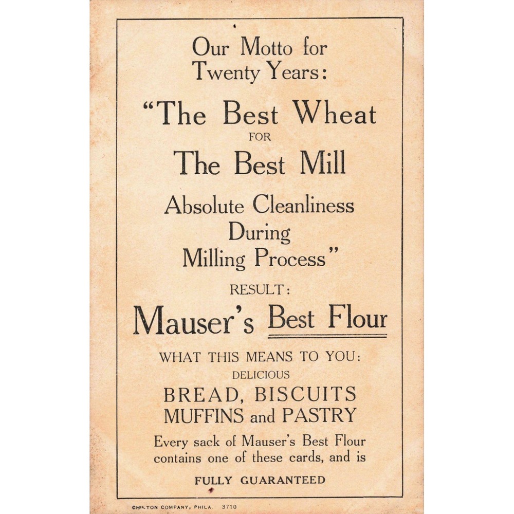 Vintage Mauser Mill Co Mauser's Best Flour Advertising Trade Card Laurys PA VG - Picture 2 of 2